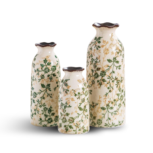 Ceramic Vase Set of 3, Vintage Green and Beige Vases Set, Flower Rustic Chinoiserie Vases Floral Grand Millennial Farmhouse Decor Vase for Home Decor, Living Room, Kitchen, Bedroom, Bookshelf