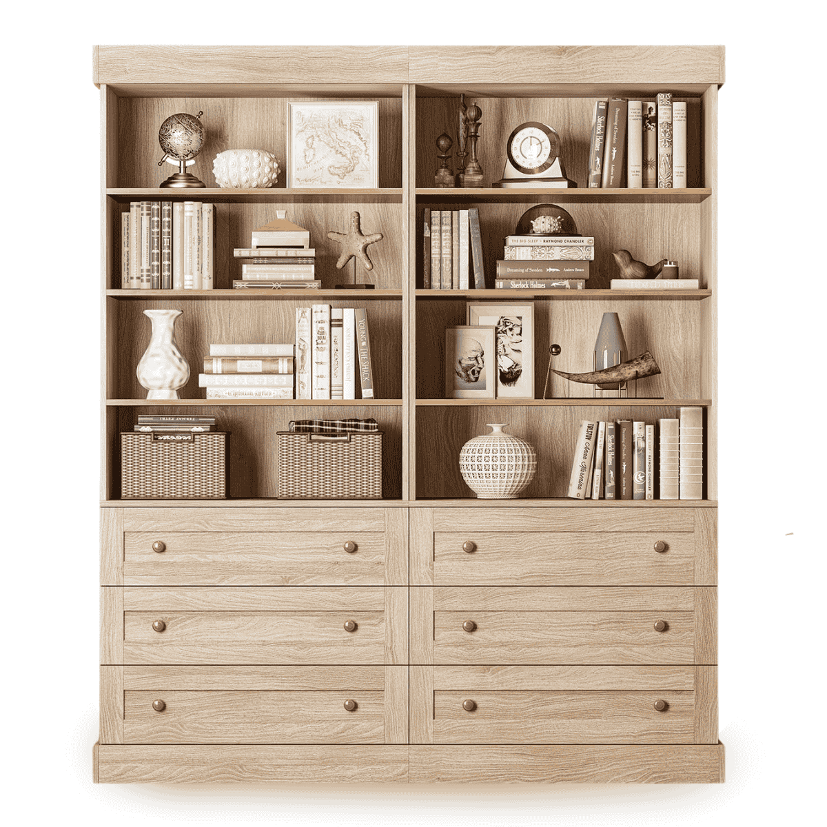 71" Tall Farmhouse Bookshelves, Brown Large Bookcase with Adjustable Shelves, 3 Drawers Wooden Storage Cabinet for Living Room, Kitchen, Home Office, Dining Room, 2 Pcs Open Unit