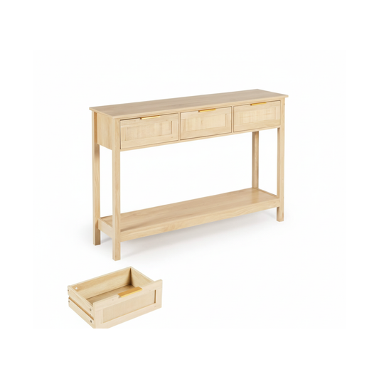 LAZZO Rattan Console Table Boho Entryway Table Narrow Long Sofa Table Hallway Foyer Behind Couch Table with 3 Drawers and Open Storage Shelf for Living Room and Corridor Natural Wood