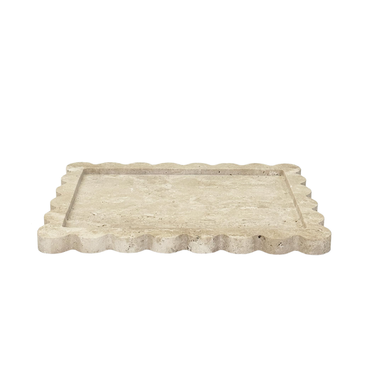 Marble Tray 100% Marble Vanity Trays for Bathroom 12" x 9", Scalloped Tray, Marble Tray for Kitchen Counter, Bathroom (Beige Travertine)