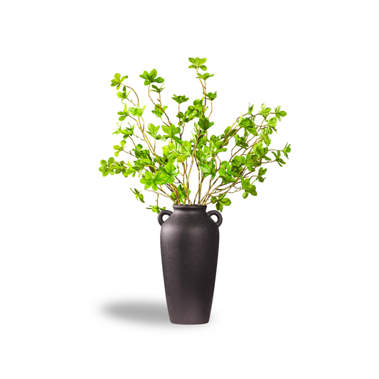 12 Inch Tall Black Ceramic Vase, with 5 Branches of 25 Inch Faux Artificial Vibrant Greenery Stems Set, Textured Minimalist Jug, Fake Stem Plants, Decorative Farmhouse, Console Table Centerpiece Decor