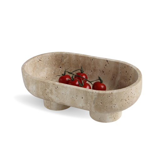 Natural Oval Travertine Fruit Bowl for Kitchen Counter 10", Large Decorative Bowl Two-Legs for Home Decor, Fruits Holder For Dining Table - Kitchen Organization