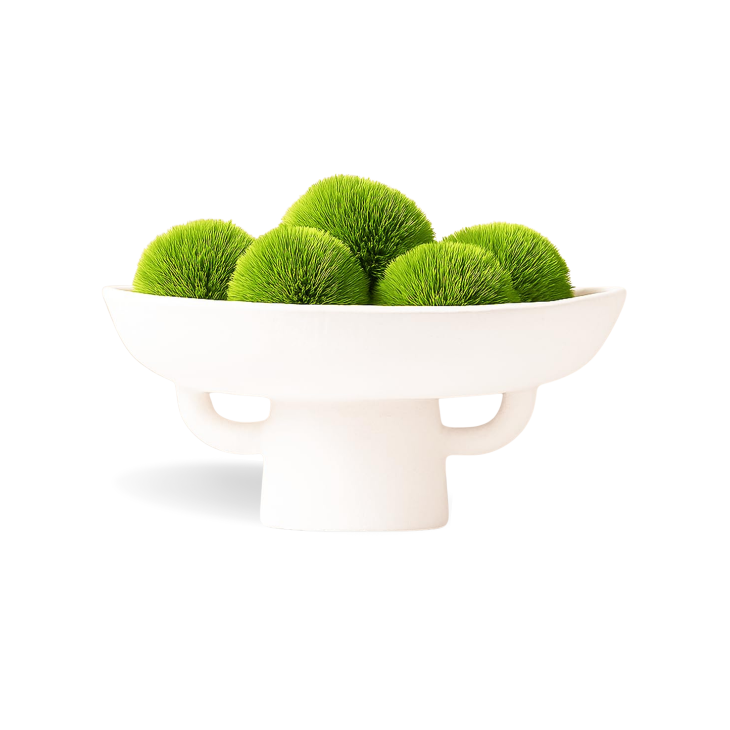 Luxurious White Textured Ceramic Bowl and Greenery Set,12.5x10.5 Inch Pedestal Decorative Bowl, with 6 Green Succulent Moss Balls, Counter Top, Farmhouse Table Centerpiece, Living Room, Kitchen Decor