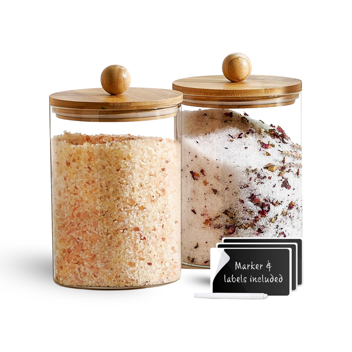 Set of 2 Large Glass Canisters for Kitchen Counter with Airtight Bamboo Lids + Marker & Labels - Cookie Jars with Wooden Lid, Food Storage Containers for Pantry, Flour Pasta Candy Coffee Pods - 68oz.