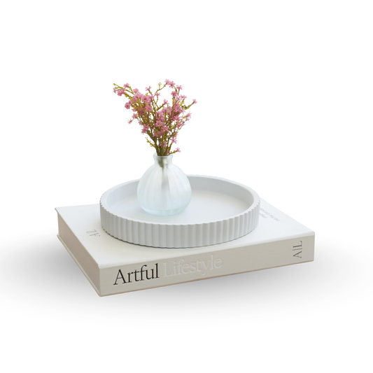 Decorative Concrete Tray & Book Decor Set - Scalloped Tray & Linen Box Enhance Your Coffee Table or Bookshelf Decor - Stylish Home Decoration for Your Living or Dining Room & as a Housewarming Gift