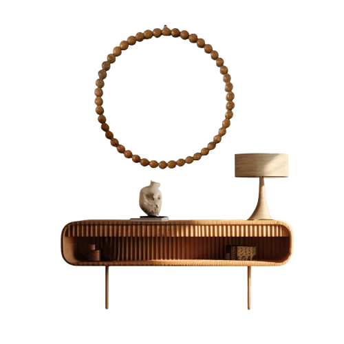 Decorative Round Hanging Wall Mirror with Natural Wooden Bead Design Frame, 32 Inches