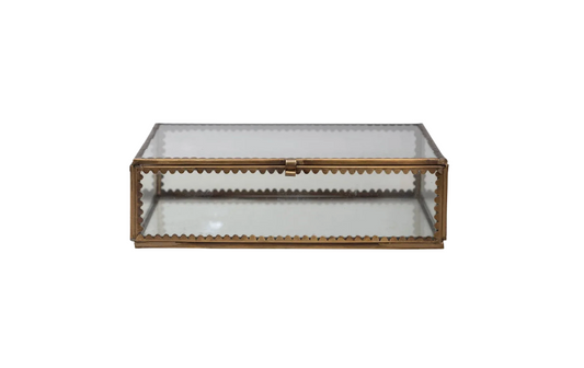 Long Brass and Glass Display Box with Scalloped Edges and Antique Finish, Brass Color