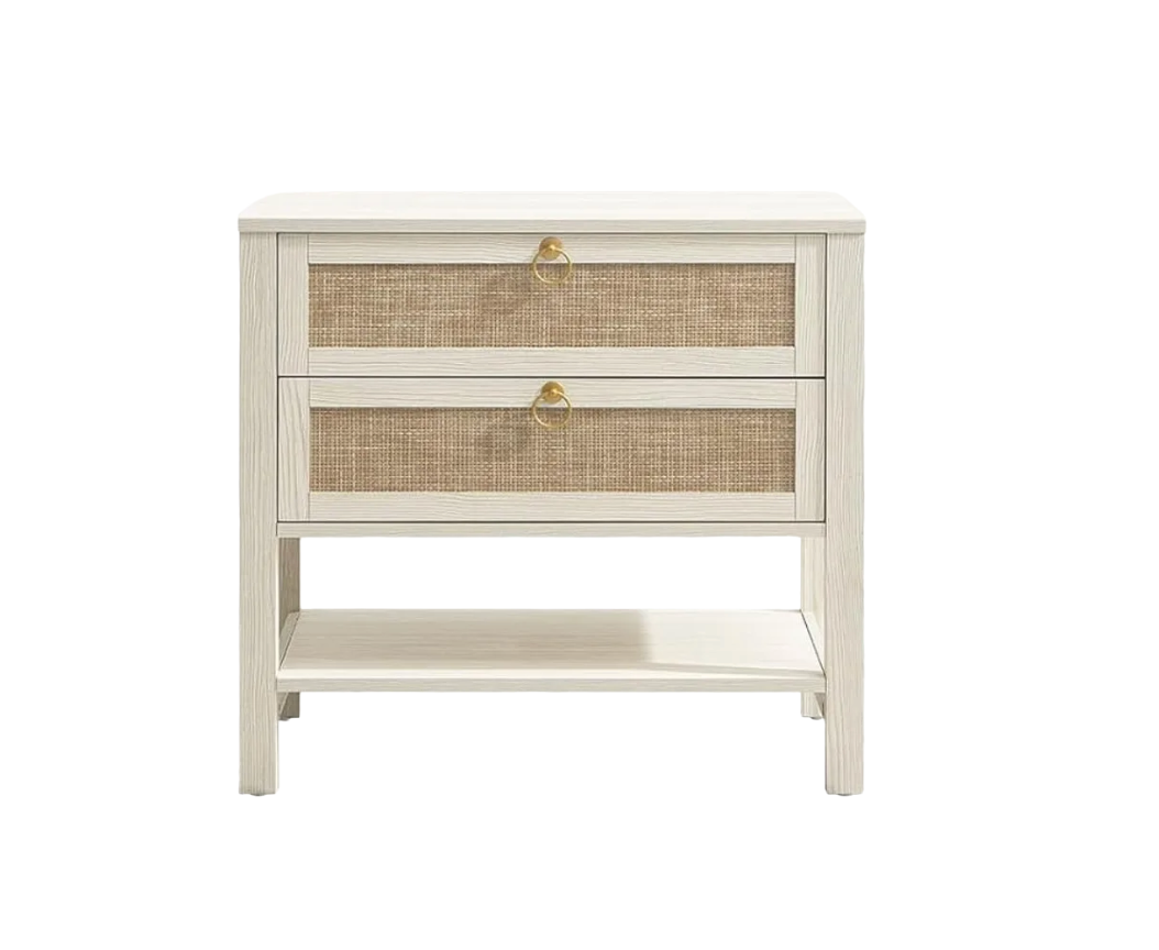 SICOTAS White Night Stand Set of 2, Large Nightstand with Drawers and Storage Shelf - Rattan Boho Bedside Table Narrow Side Table for Bedroom, Small Space