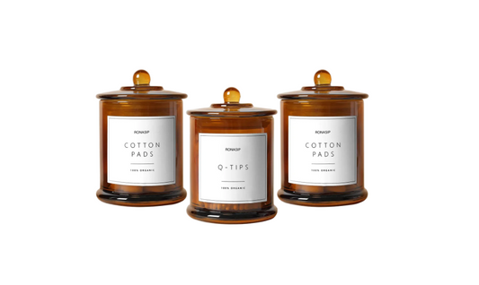 Ronasip 3 Pack Farmhouse Bathroom Organizers and Storage - 16 Oz Glass Jars with Lids for Qtip Holder, Swab Organizer, Bathroom Decor and Storage with Labels (Amber)