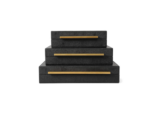 Kingflux Faux Black Shagreen Leather Set of 3 Pcs Decorative Boxes, Storage Boxes Jewelry Organizer, Men's Accessory Organizer (Black)