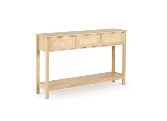 LAZZO Rattan Console Table Boho Entryway Table Narrow Long Sofa Table Hallway Foyer Behind Couch Table with 3 Drawers and Open Storage Shelf for Living Room and Corridor Natural Wood