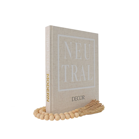 Kigan Home Linen Decorative Book - Real Hardcover Neutral Midcentury Modern - Wooden Bead Garland for Coffee Table Decor, Modern or Boho Home Decor, Shelves, Fireplace Mantel