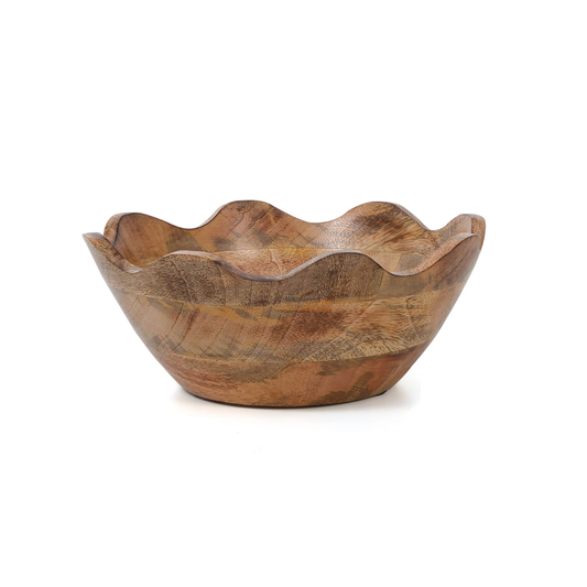 Mela Artisans Wooden Scalloped Bowl - Medium | Ruffle Decorative Style | Rustic Kitchen Decor | Mango Wood | Natural Grain Finish | Fits Bread, Fruits, Salad or Popcorn | 10” x 4” x 9”