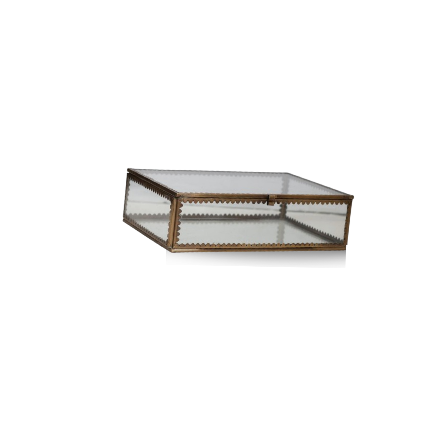 Long Brass and Glass Display Box with Scalloped Edges and Antique Finish, Brass Color