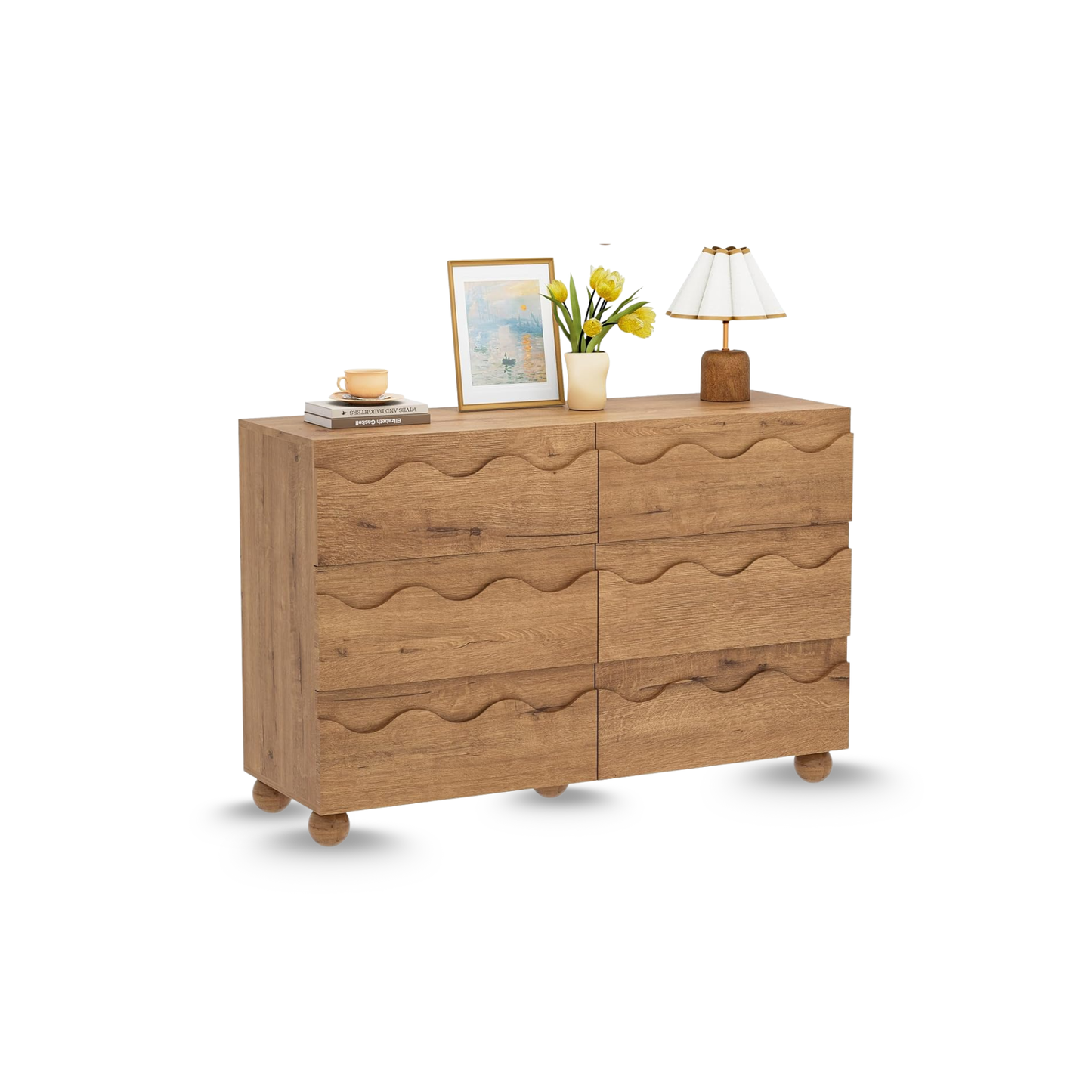 Anbuy Bedroom Sets Natural Oak 3 Pieces, Scalloped 6 Drawer Dresser and Nightstand Sets for Bedroom, Large Two Drawers Nightstand Set of 2 & Scalloped 6 Drawer Dresser Combo 3 Pieces for Living Room