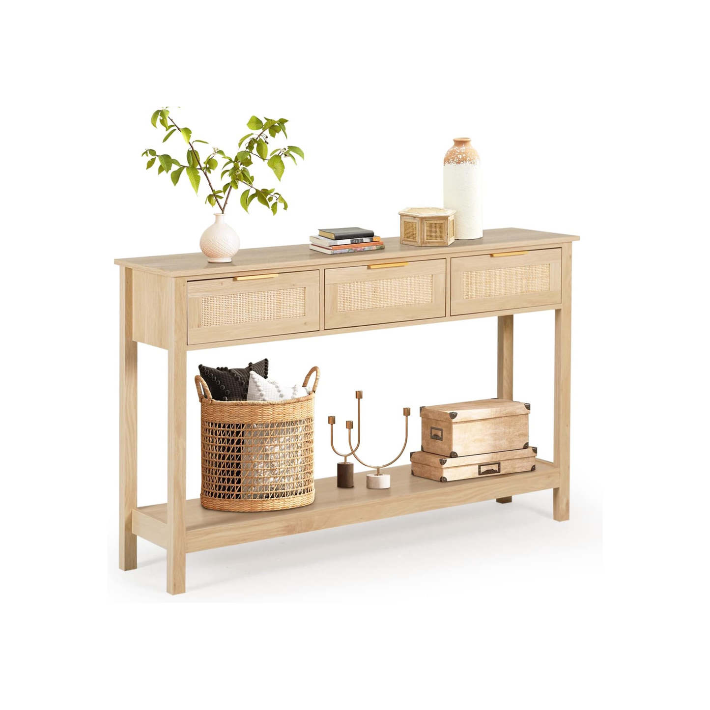 LAZZO Rattan Console Table Boho Entryway Table Narrow Long Sofa Table Hallway Foyer Behind Couch Table with 3 Drawers and Open Storage Shelf for Living Room and Corridor Natural Wood