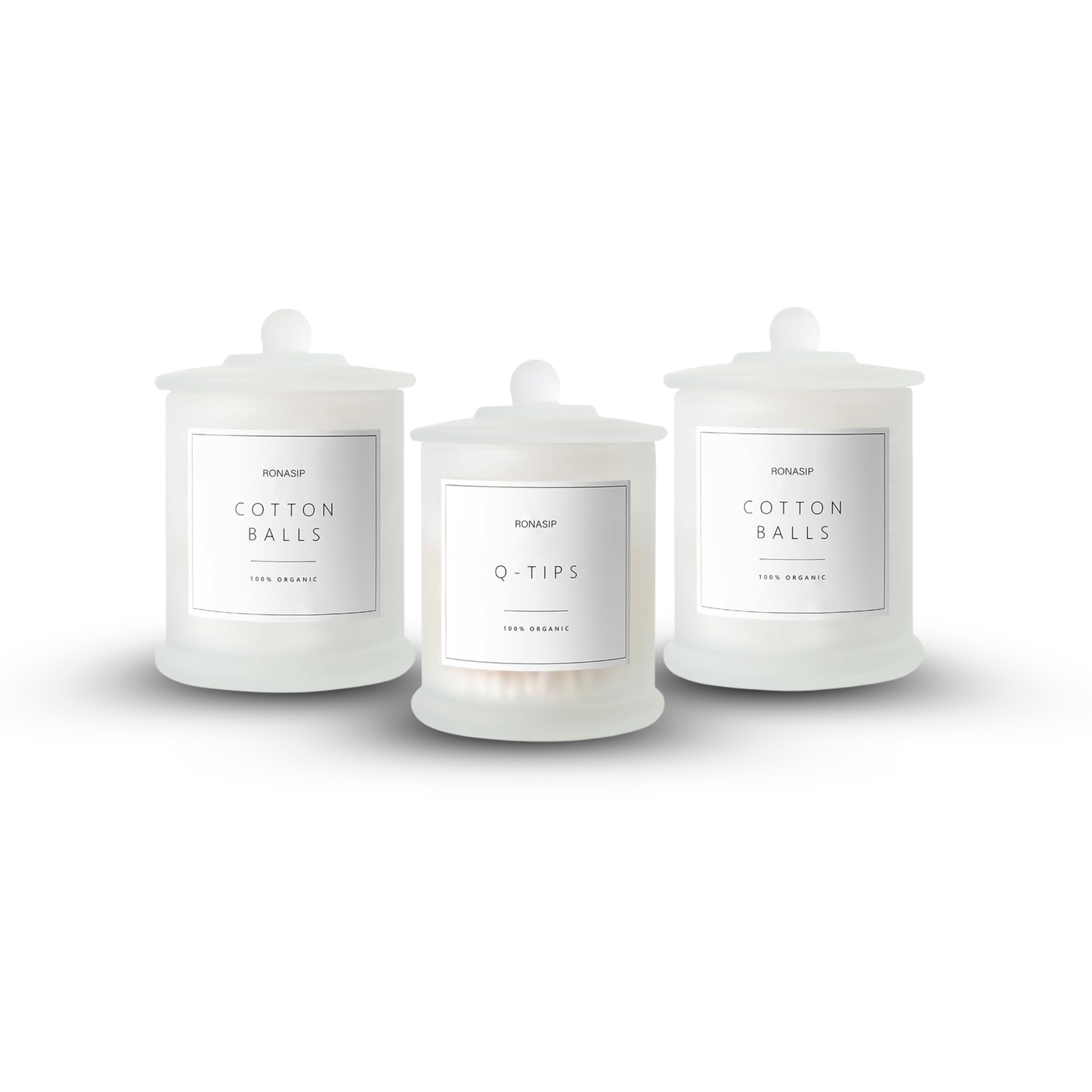 3 Pack Qtip Holder Dispenser, 16oz bathroom Organizer and Storage Canisters, glass vanity organizer with lid - Home Decor, Room Decor Aesthetic (Frosted White)