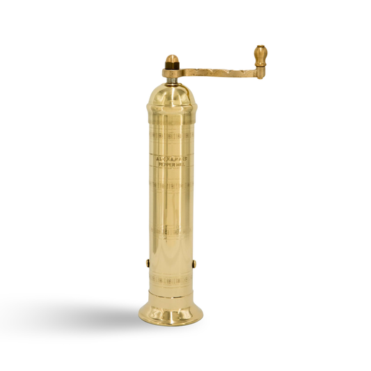 Alexander Home The Original Greek Pepper Mill 8 Inch Tall | European Pepper Mill Grinder with Crank Handle | Manual Pepper Grinder | Peppercorns Refillable - Brass