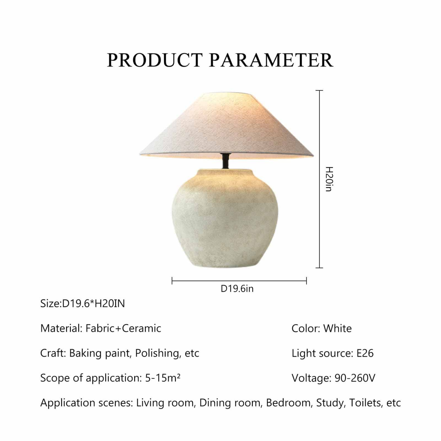 HUIBAOGONG Rustic Southwestern Jug Table Lamp 20'' Tall White Clay Pot Ceramic Table Lamp Tapered Fabric Shade Bedside Nightstand for Living Room Bedroom House Office Entryway (001)