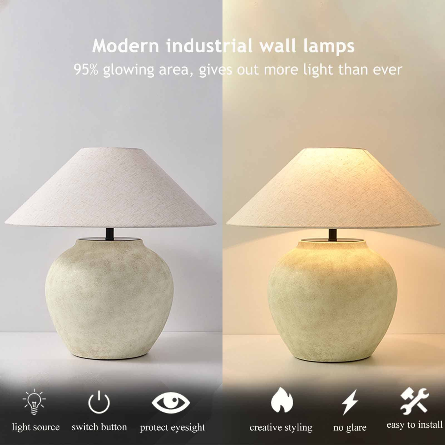 HUIBAOGONG Rustic Southwestern Jug Table Lamp 20'' Tall White Clay Pot Ceramic Table Lamp Tapered Fabric Shade Bedside Nightstand for Living Room Bedroom House Office Entryway (001)