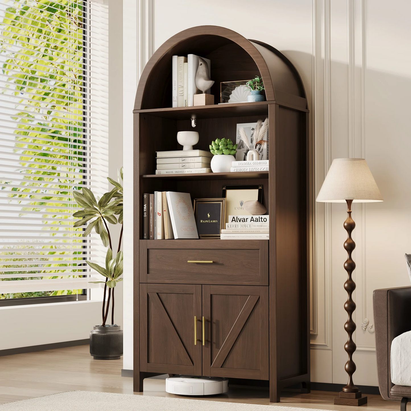 70''H Wood Arched Cabinet 5-Tier Bookcase Kitchen Pantry Storage Cabinet