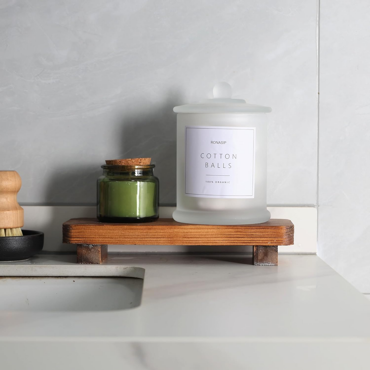 3 Pack Qtip Holder Dispenser, 16oz bathroom Organizer and Storage Canisters, glass vanity organizer with lid - Home Decor, Room Decor Aesthetic (Frosted White)