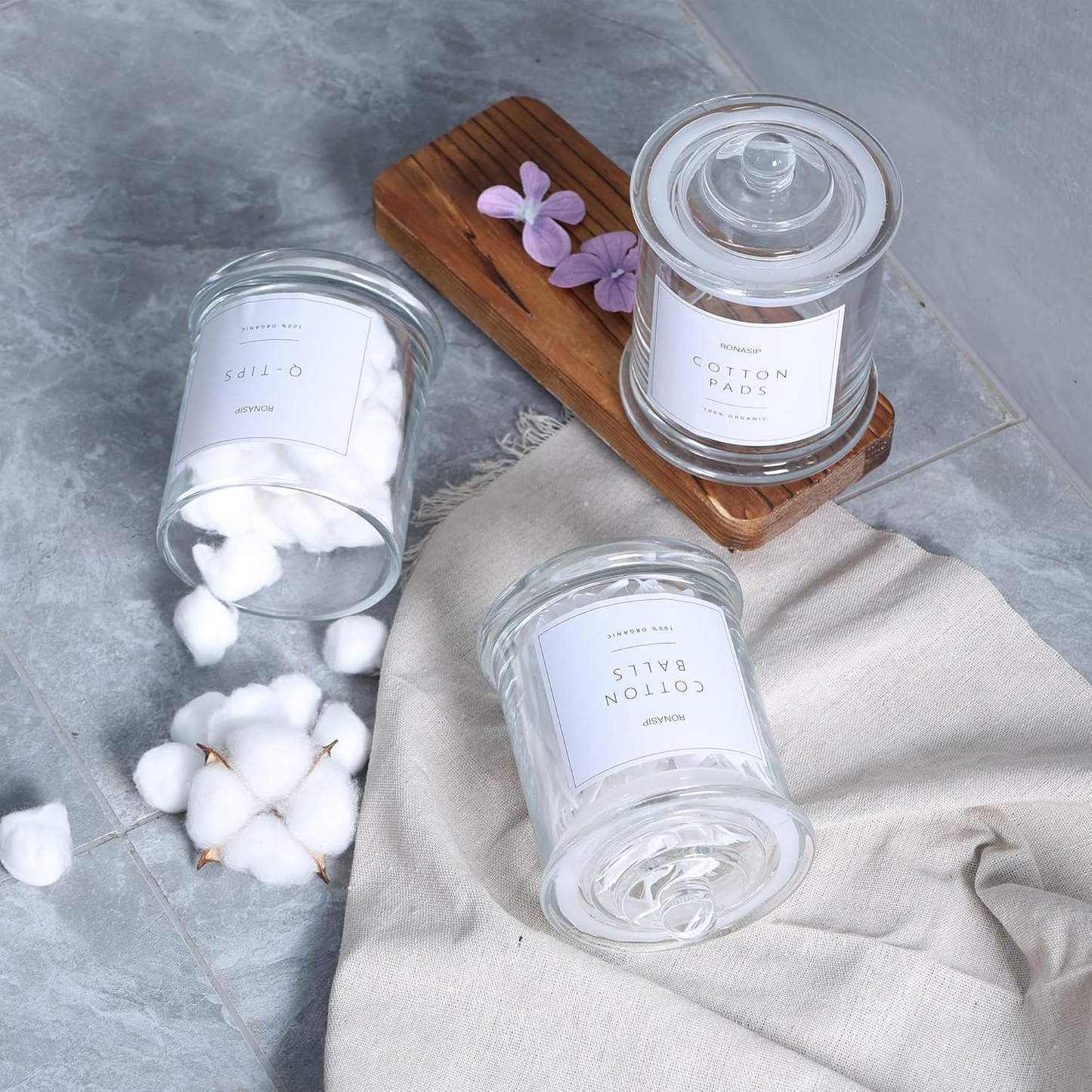 3 Pack Qtip Holder Dispenser, 16oz bathroom Organizer and Storage Canisters, glass vanity organizer with lid - Home Decor, Room Decor Aesthetic (Frosted White)