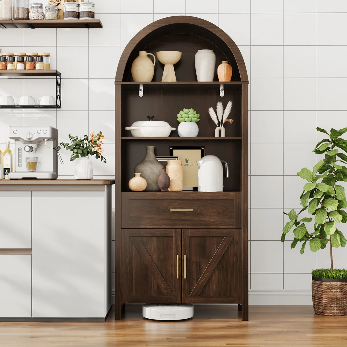 70''H Wood Arched Cabinet 5-Tier Bookcase Kitchen Pantry Storage Cabinet