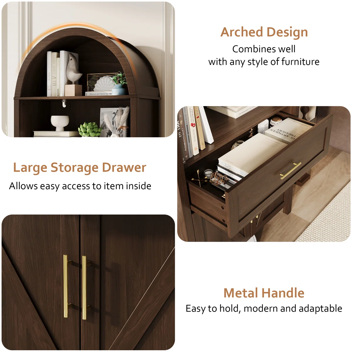 70''H Wood Arched Cabinet 5-Tier Bookcase Kitchen Pantry Storage Cabinet